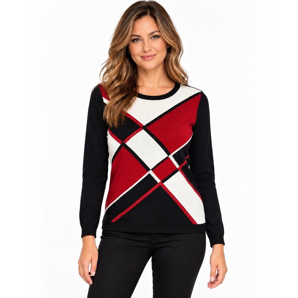 Alfred Dunner Petite Medium Sweater Black Red White Geometric Colorblock PM